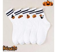 Shein 1/5 pares de calcetines de media caña negros con rayas dobles acanaladas con diseños de calabaza, bruja, gato negro, fantasma, bruja y sombrero de bru