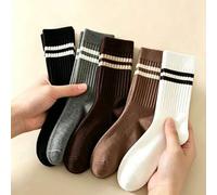 Shein 1/5 pares de calcetines medianos de mujer a rayas dobles marrones, calcetines cómodos, casuales y transpirables unisex adecuados para todas las estaci
