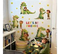 Shein 1/6 Hojas de pegatinas de pared de dinosaurios de dibujos animados lindos con cita "Seamos amigos", patrones de niños y dinosaurios juguetones, calcom