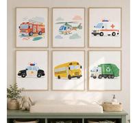 Shein 1/6 piezas Arte de pared de transporte en acuarela, lindos pósteres de camión de bomberos, coche de policía, autobús escolar, ambulancia, decoración p