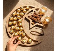 Shein 1 Bandeja de madera para Ramadán, un arte de madera único con luna y estrella, bandeja de servir para fiestas de Eid Al-Fitr, soporte para decorar pas