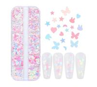 Shein 1 caja de lentejuelas con forma de mariposa, corazón, estrella y luna con efecto iridiscente, kit de decoración de uñas con diseños de sirena y brillo