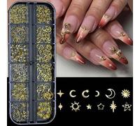 Shein 1 Caja de Remaches Metálicos con Formas de Estrella, Luna, Corazón, Triángulo y Cuadrado, Decoración de Uñas Punk 3D Dorada, Accesorios de Brillo para