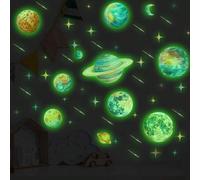 Shein 1 hoja de pegatinas de pared que brillan en la oscuridad con planetas, calcomanías del sistema solar con Saturno, luna y estrellas, luz nocturna con t