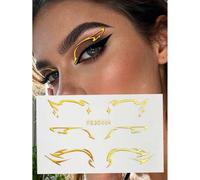 Shein 1 hoja de pegatinas de tatuaje de delineador de ojos 3D dorado aerodinámico, decoración de maquillaje de escenario creativo, belleza de fiesta DIY peg