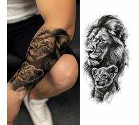 Shein 1 hoja de tatuajes temporales de gran tamaño para hombres, con diseño realista de león padre e hijo en estilo animal negro. Tatuaje falso impermeable