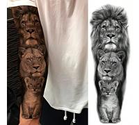 Shein 1 hoja de tatuajes temporales de gran tamaño para todo el brazo para hombres, estilo sólido 3D con patrón de león, padre, madre e hijo, a prueba de ag