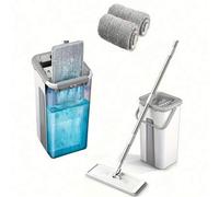 Shein 1 juego, conjunto de cubeta con mopa plana del piso con 2 almohadillas de microfibra, cubeta de limpieza con autoestrujado fácil, húmeda y seca, para