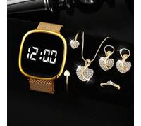 Shein 1 Juego de Reloj Digital de Tono Dorado de Moda, Collar con Colgante con Forma de Corazón, Pulsera, Anillo y Aretes, Reloj Cuadrado LED, Correa Magnét