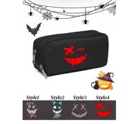 Shein 1 Nueva bolsa de lápices grande y sencilla con estampado divertido de expresión negra de Halloween, adecuada para la temporada de regreso a clases, bo