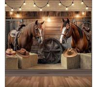 Shein 1 Pancarta de fiesta con tema de vaquero occidental que presenta un caballo de silla, una bala de heno y un diseño de sombrero de vaquero - perfecto p