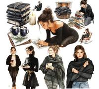 Shein 1 Paquete de Pegatinas con estilo Retro Negro de chicas leyendo, tomando té y escribiendo en su diario, para DIY, álbumes de recortes y cuadernos