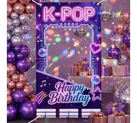 Shein 1 Paquete Fondo de Fotografía de Cumpleaños Feliz Estilo Neón K-POP, Pancarta de Tela de Poliéster Estilo Ciberpunk con Marco de Boleto, Impresión de
