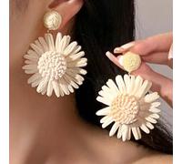 Shein 1 par de aretes colgantes de flor grande de paja de pampa de moda, accesorio de declaración playera para mujeres, regalo de boda, aretes colgantes exa