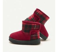 Shein 1 par de botas de nieve casuales y cómodas de color borgoña y esponjosas para niñas, diseño de parche a cuadros, adecuadas para el uso diario, deporte