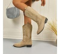 Shein 1 par de botas elegantes y de moda para mujer, tipo slip-on con bordado estilo occidental, botas altas de tacón con bordado estilo occidental, botas d