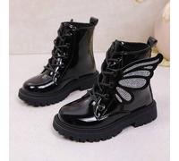 Shein 1 par de botas negras para adolescentes, tela de PU suave con efecto espejo, diseño de alas de mariposa de diamante con degradado de colores, cordones