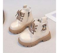 Shein 1 par de botas para bebé, diseño de oso lindo en color blanco crema, cremallera lateral para fácil puesta/quidada, punta redonda anti-colisión para pr