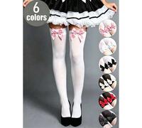 Shein 1 par de calcetines altos hasta el muslo de mujer con lazo de encaje elástico, negro & blanco con lazo rojo, calcetines de poliéster con borde de vola