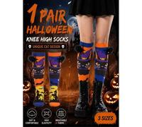 Shein 1 par de calcetines asimétricos hasta la rodilla para niñas con diseño de gato negro de Halloween, araña 3D, espeluznante y lindo, adecuado para disfr