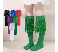 Shein 1 par de calcetines con flecos para niñas, calcetines hasta la rodilla para niños de 3 a 12 años, de tela de punto, calcetines de moda navideños para