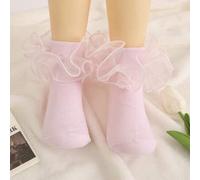 Shein 1 par de calcetines cortos de algodón de unicolor con volantes de encaje para niños de todas las estaciones, calcetines de baile para princesas pequeñ