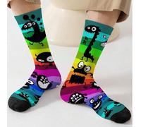Shein 1 par de calcetines de media caña con estampado de monstruo a 360°, calcetines de dibujos animados con rayas arcoíris, calcetines casuales suaves y tr