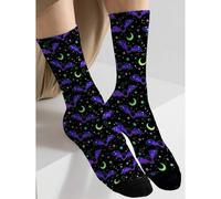 Shein 1 par de calcetines de media caña para mujer con base negra y estampado fluorescente de murciélago, estrella y luna a 360°, estilo punk oscuro de Hall