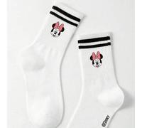 Shein 1 par de calcetines de media caña para mujer con diseño de Minnie Mouse de Disney, a rayas en blanco y negro, diseño de dibujos animados de Disney ado