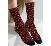 Shein 1 par de calcetines de media pantorrilla para mujer con estampado floral ditsy burdeos a 360°, estilo clásico vintage atemporal, suave, con transferen