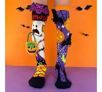 Shein 1 par de calcetines hasta la rodilla para niños con diseño 3D de murciélago y calabaza, calcetines divertidos de esqueleto y calabaza para disfraces,