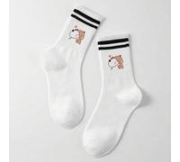 Shein 1 par de calcetines medianos con estampado de elemento de dibujo animado de la pareja de osos Dudu de Bubu Yier, calcetines para mujer, calcetines bla