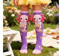 Shein 1 par de calcetines por encima de la rodilla para niñas con diseño adorable de axolotl 3D y burbuja de té, calcetines altos hasta el muslo con animal