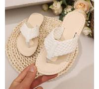 Shein 1 par de chanclas blancas para niños, correa trenzada de PU de unicolor, diseño de punta redonda y deslizante, suela suave y antideslizante, estilo de