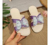 Shein 1 par de chanclas de moda para niñas, con decoración de mariposa de malla de cristal brillante y colorida, diseño de punta redonda y abierta, suave y