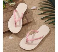 Shein 1 par de chanclas rosas para niñas, correa trenzada de PU suave de unicolor, diseño plano de punta redonda antideslizante y de fácil deslizamiento, es