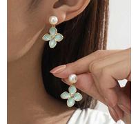 Shein 1 par de elegantes pendientes de flor de 4 hojas con perla falsa en estilo francés vintage en color verde pálido, adecuados para mujeres en citas romá