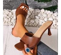 Shein 1 par de elegantes sandalias caladas, tacones altos de PU para playa, vacaciones, fiesta, exterior, viajes, invitada de boda básica, versátil de prima