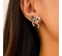 Shein 1 par de elegantes y de moda aretes de lazo dorados y plateados, aretes de cinta de metal para mujer como regalo