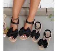 Shein 1 par de nuevas sandalias de verano con lazo negro para niñas, plataforma tejida gruesa, correa de tobillo de una sola tira, zapatos de estilo romano