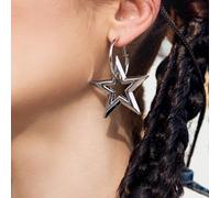 Shein 1 par de nuevos pendientes de moda para volver a la escuela o fiestas, pendientes de aro dorados con colgante de pentagrama 3D para festival de música