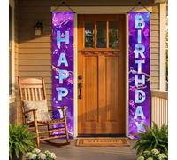 Shein 1 par de Pancartas de Puerta de Tela de Poliéster con Temática de Cumpleaños de K-Pop, con Galaxia Púrpura, Notas Musicales, Micrófono de Neón y Estam