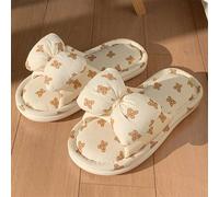 Shein 1 par de pantuflas de lino con diseño de lazo y oso, pantuflas planas casuales y transpirables para pareja, que absorben la humedad y son adecuadas pa