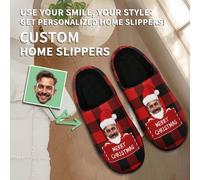 Shein 1 par de pantuflas personalizadas de Navidad para el hogar, pantuflas del hogar con foto personalizada de Santa, pantuflas del hogar con suela gruesa