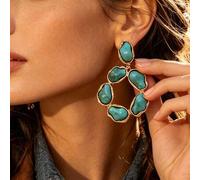 Shein 1 par de pendientes colgantes geométricos huecos de turquesa azul vintage exagerados y gruesos, pendientes personalizados para mujeres, adecuados para