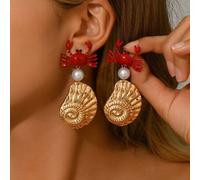 Shein 1 par de pendientes colgantes hechos a mano con elementos de playa elegantes y sensuales, como una estrella de mar dorada y un cangrejo rojo con perla