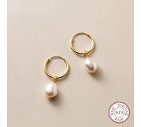 Shein 1 par de pendientes de aro vintage elegantes asimétricos con perlas falsas, joyería para damas de plata esterlina 925 chapada en oro amarillo, regalos
