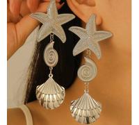 Shein 1 par de pendientes de botón exagerados con estrellas de mar y conchas 3D para mujeres, con elementos marinos elegantes y de moda, adecuados para la p