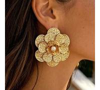 Shein 1 par de pendientes de flor de metal estilo europeo y americano exagerado y llamativo, flor 3D de múltiples pétalos dorada con perla falsa, adecuado p