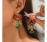 Shein 1 par de pendientes de langosta con efecto de goteo de aceite rojo y verde en estilo boho lindo para mujer, accesorios de joyería de vida marina para